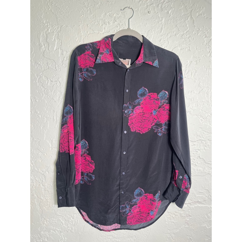 Thomas Pink London 100% Silk Floral Button Front Blouse Black Pink Size S
